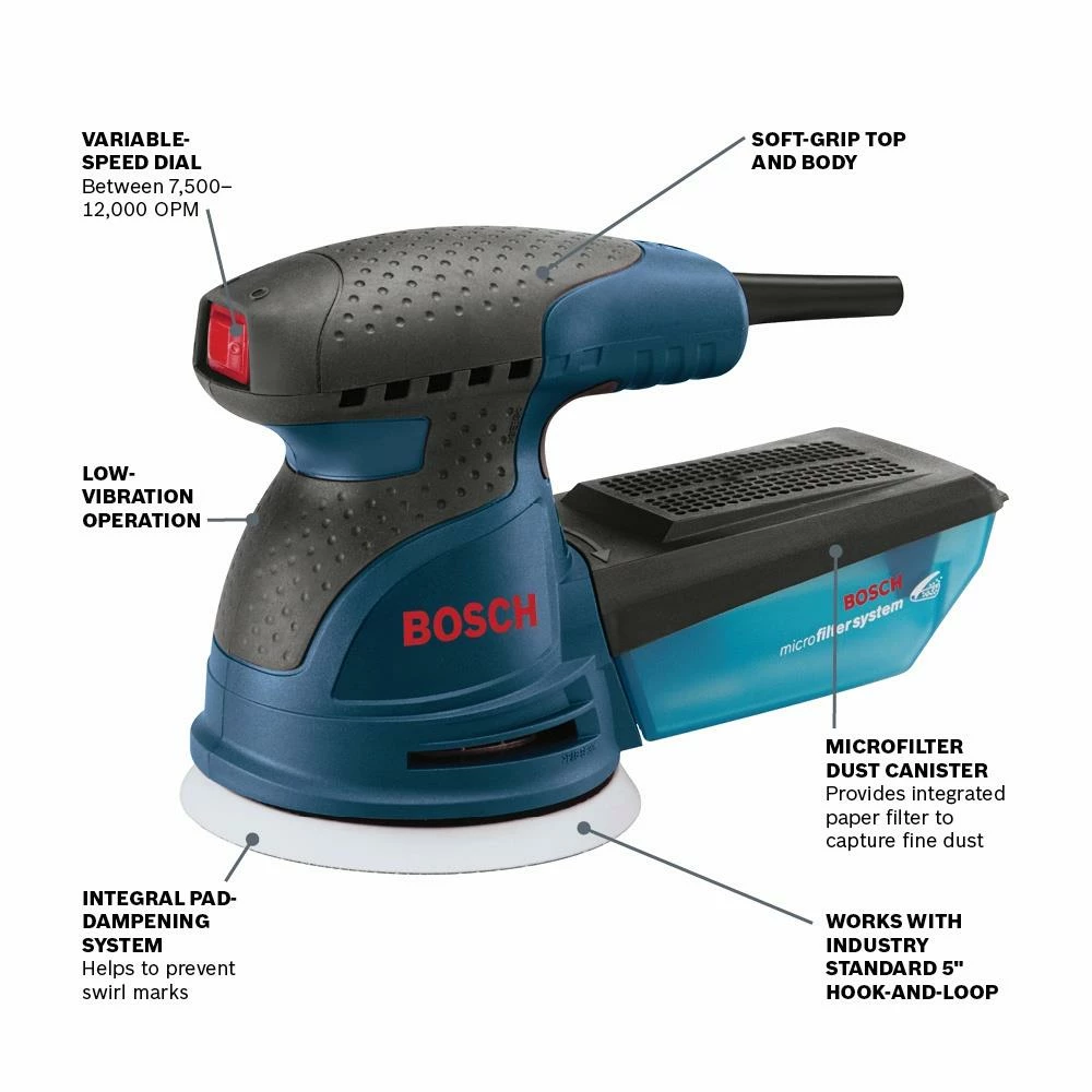 Bosch Power Sanders 120-Volt 2.5-Amp Corded Variable Speed Random Orbital Sander with Dust Management 2 Bosch Power Sanders 120-Volt 2.5-Amp Corded Variable Speed Random Orbital Sander with Dust Management - Image 2