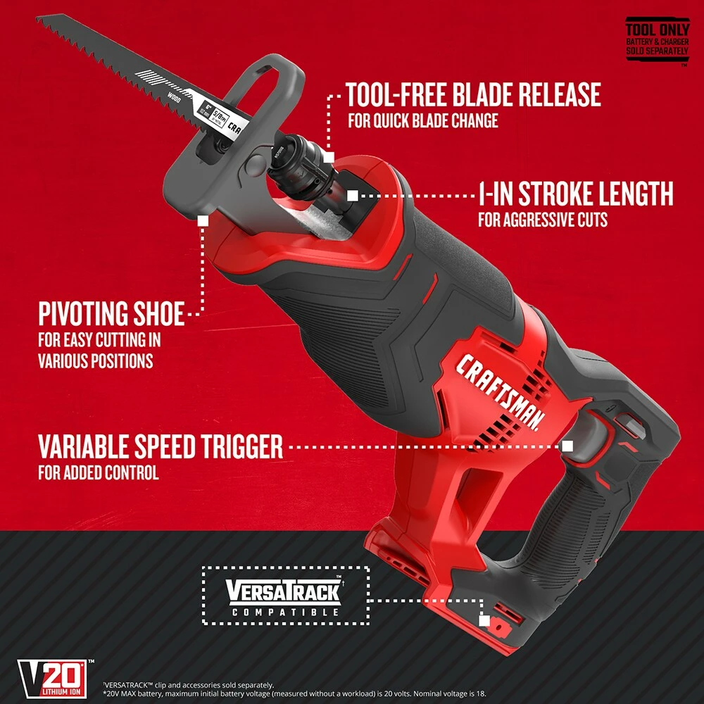 CRAFTSMAN Reciprocating Saws V20 20-volt Max Variable Speed Cordless Reciprocating Saw (Tool Only) 2 CRAFTSMAN Reciprocating Saws V20 20-volt Max Variable Speed Cordless Reciprocating Saw (Tool Only) - Image 2