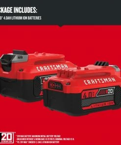 CRAFTSMAN Power Tool Batteries & Chargers V20 20-Volt Max 2-Pack 4 Amp-Hour; 4 Amp-Hour Lithium Power Tool Battery -Craftsman Sales Shop 10145267