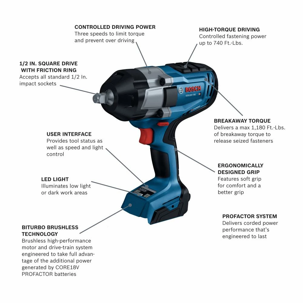 Bosch Impact Wrenches PROFACTOR 18-volt Variable Speed Brushless 1/2-in square Drive Cordless Impact Wrench (Tool Only) 2 Bosch Impact Wrenches PROFACTOR 18-volt Variable Speed Brushless 1/2-in square Drive Cordless Impact Wrench (Tool Only) - Image 2